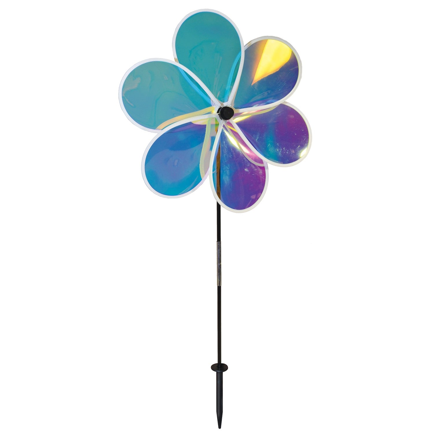 19-inch Iridescent Flower Spinner with transparent Mylar petals captured in a garden setting, reflecting sunlight and colors beautifully.