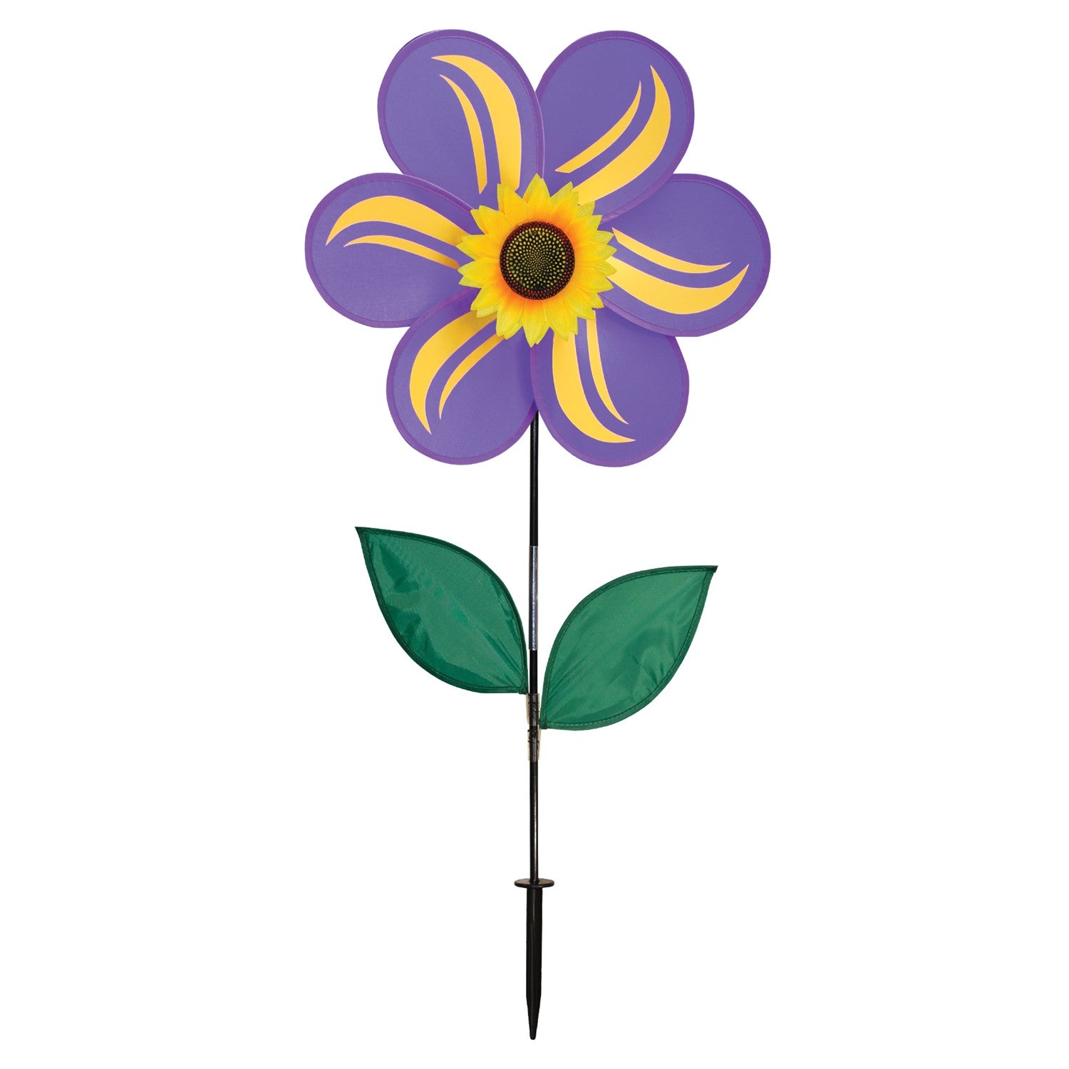 19-inch Purple Sunflower Spinner with six vibrant petals and leaves, rotating gently in a garden setting, designed for outdoor decor.