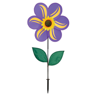 19-inch Purple Sunflower Spinner with six vibrant petals and leaves, rotating gently in a garden setting, designed for outdoor decor.