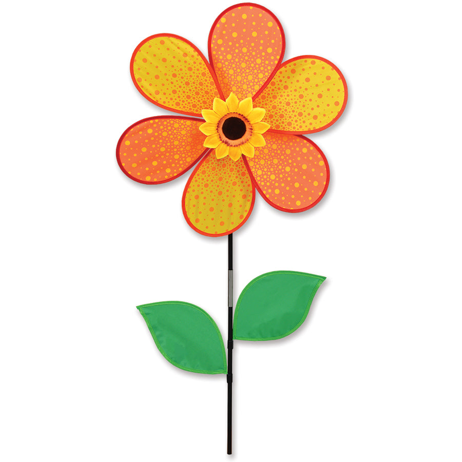 19-inch sunflower flower spinner in vibrant colors, gently spinning in outdoor garden space to add beauty and charm.