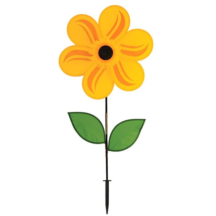 19-inch sunflower garden spinner with six bright yellow petals and two leaves on a fiberglass stem, elegantly rotating outdoors.
