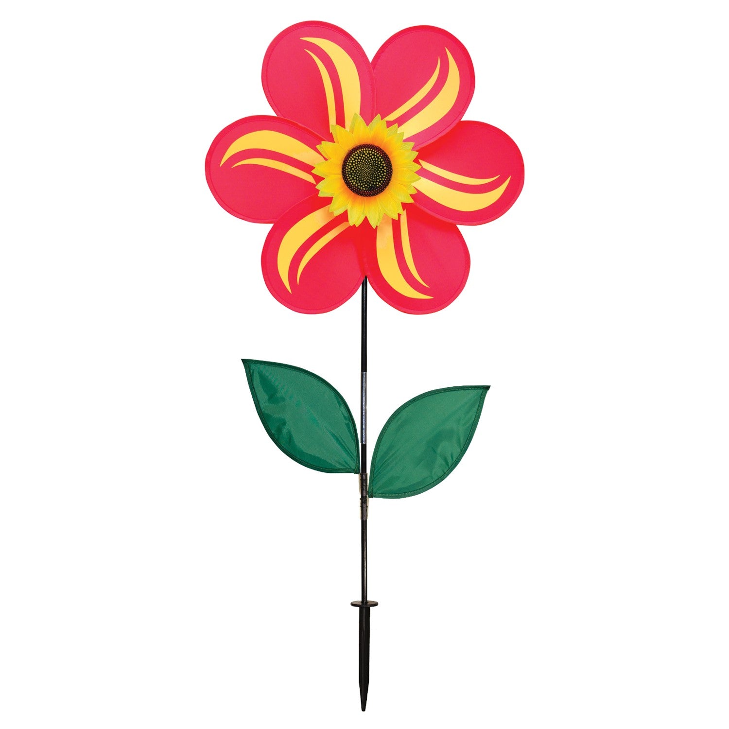 19 inch Red Sunflower Spinner with six bold petals and leaves, rotating on a fiberglass pole in a sunny outdoor garden setting.