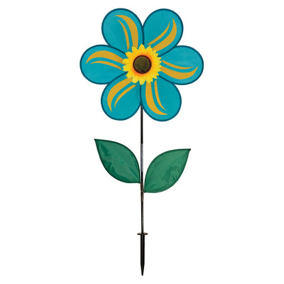 19-inch teal sunflower spinner featuring six petals and green leaves, rotating in a garden setting with a bright blue sky background.