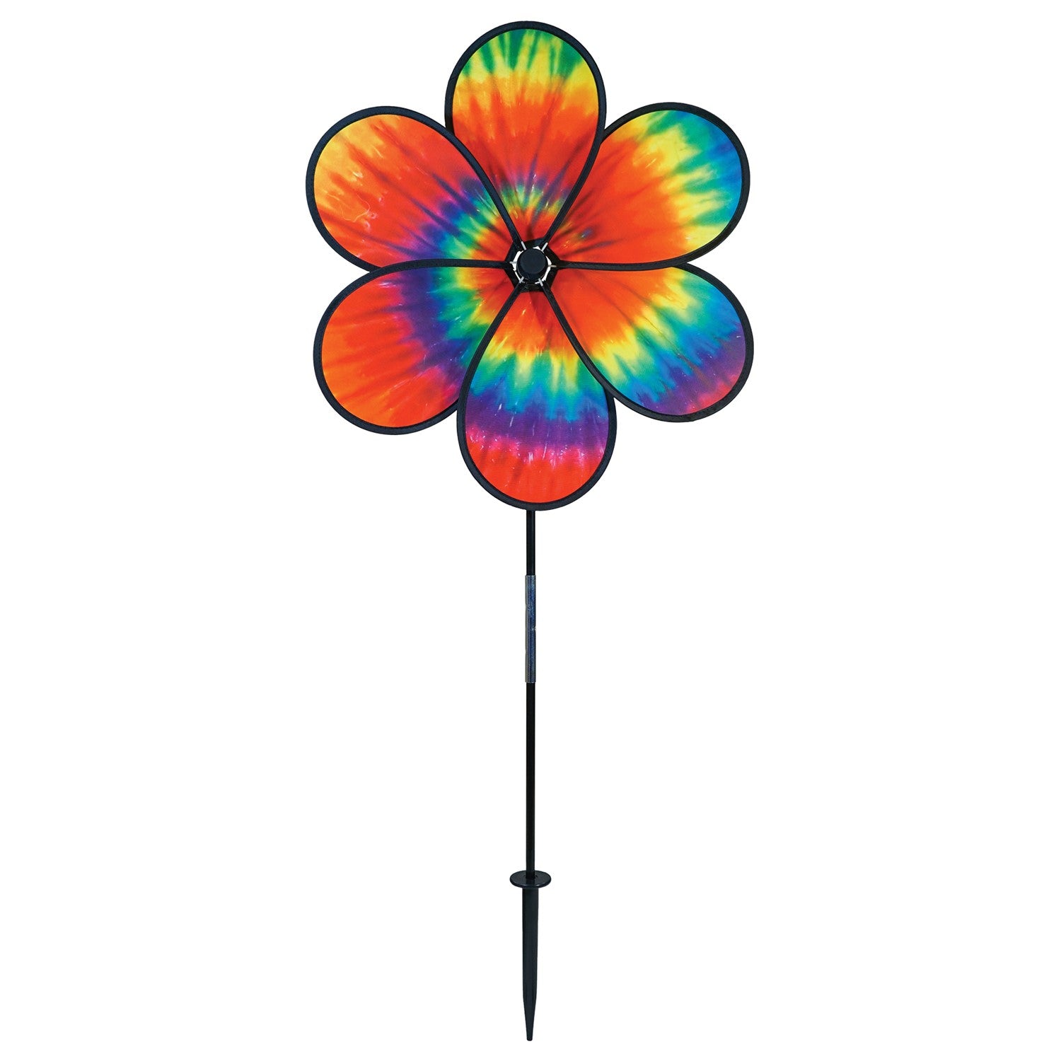 Colorful 19\" Tie Dye Daze Flower Spinner with psychedelic tie-dye design on a garden pole, creating a charming spiral effect in the breeze.