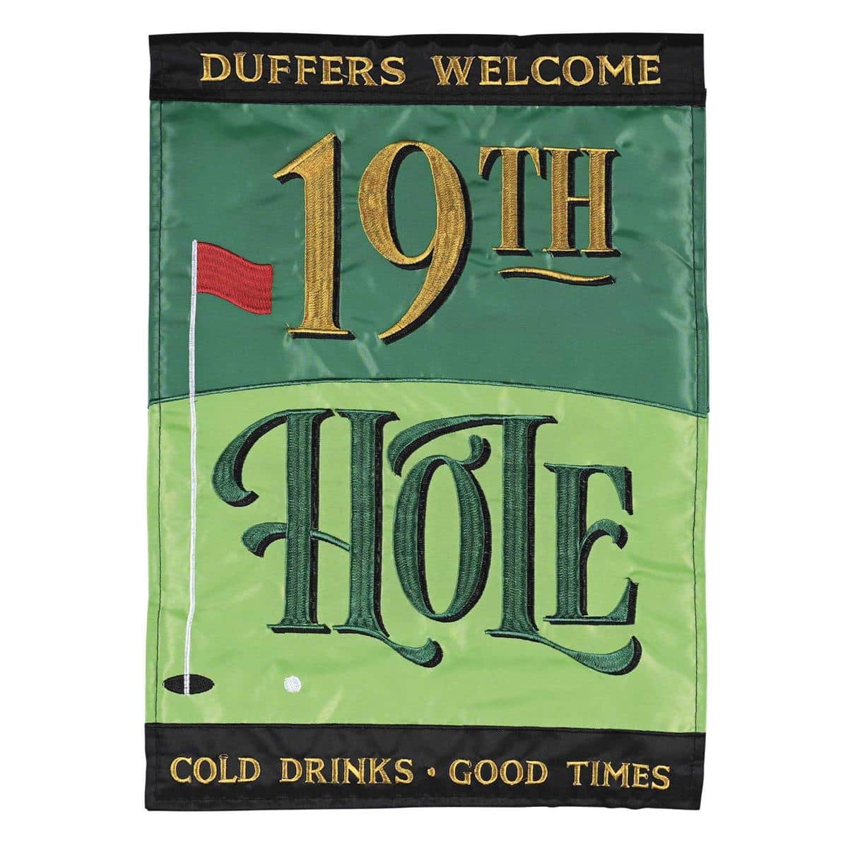 Golf themed 19th Hole double applique 13x18 garden flag with green, pin, golf ball, and clubhouse drink motif, readable on both sides, outdoor display