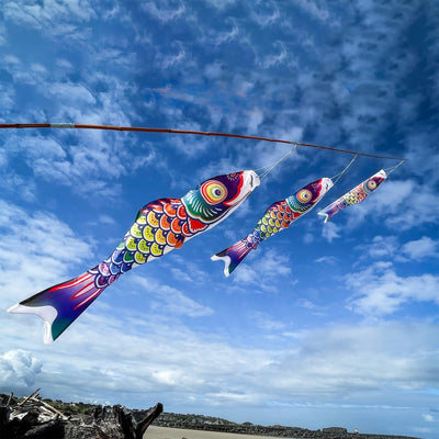 2' Spectrum Koi Fishsock in vibrant rainbow colors hanging from a garden hook in a garden setting, capturing the breeze effortlessly.