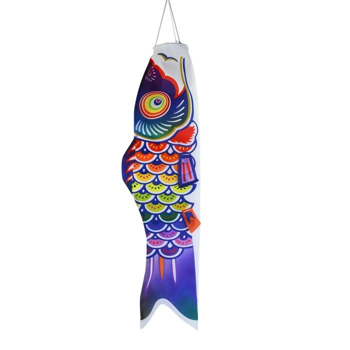 2' Spectrum Koi Fishsock in vibrant rainbow colors hanging from a garden hook in a garden setting, capturing the breeze effortlessly.