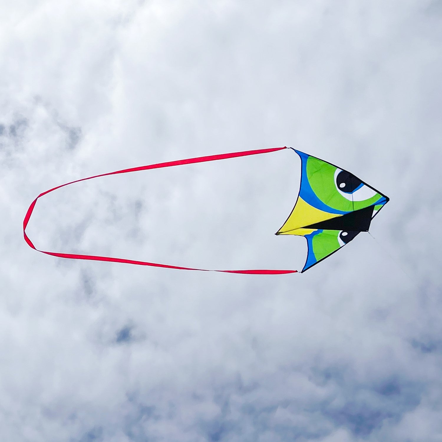 20-foot Continuous Kite Tail in vibrant red attached to a kite, flowing elegantly in the wind against a clear blue sky.