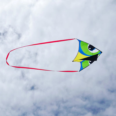 20-foot Continuous Kite Tail in vibrant red attached to a kite, flowing elegantly in the wind against a clear blue sky.