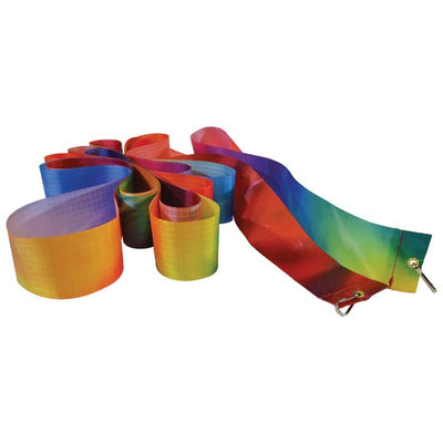 20' Continuous Kite Tail - Tie Dye with vibrant colors, attached to a kite in the sky, showing its dynamic flow in the wind.