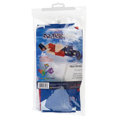 20-foot Patriotic Tube Tail featuring red, white, and blue stars and stripes, soaring high with an inflatable design attached to a kite.