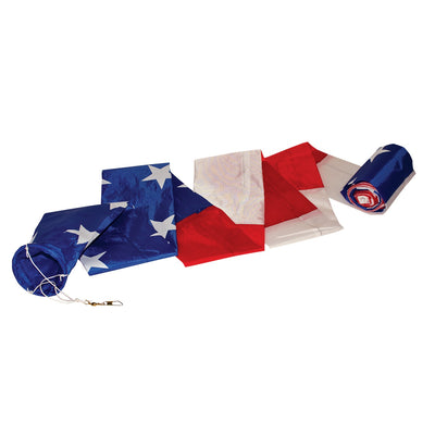 20-foot Patriotic Tube Tail featuring red, white, and blue stars and stripes, soaring high with an inflatable design attached to a kite.