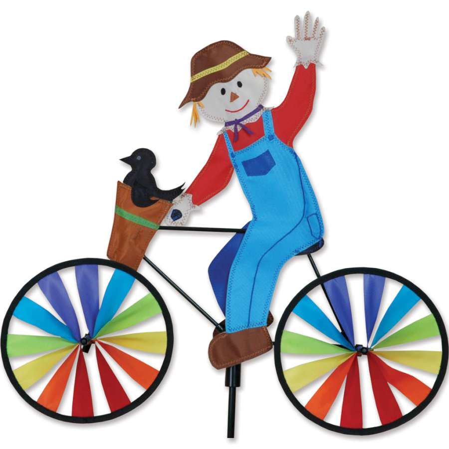 20 in. Bike Spinner featuring a colorful scarecrow design rotating in the breeze, perfect for outdoor garden decor.