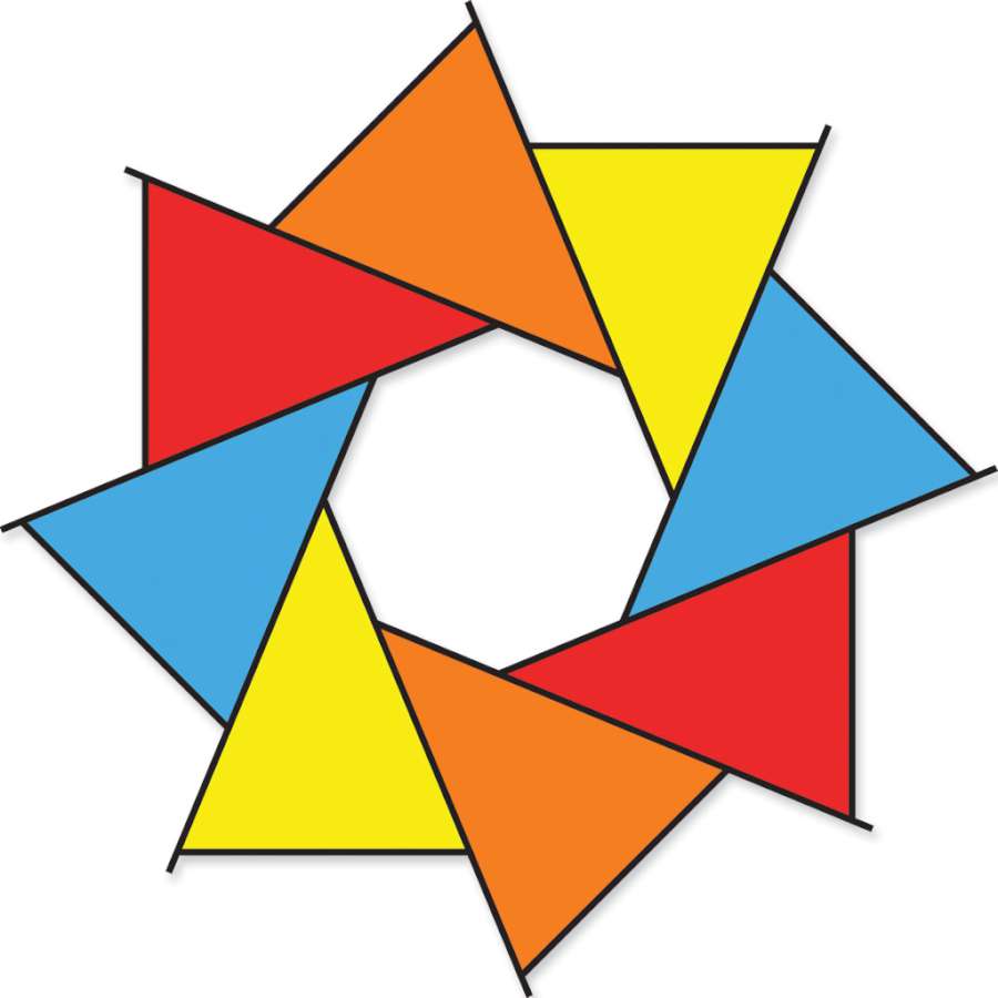 20 in. Rainbow F-Stop Spinner, elegantly designed like a camera aperture, spinning in colorful motion against a clear sky backdrop.