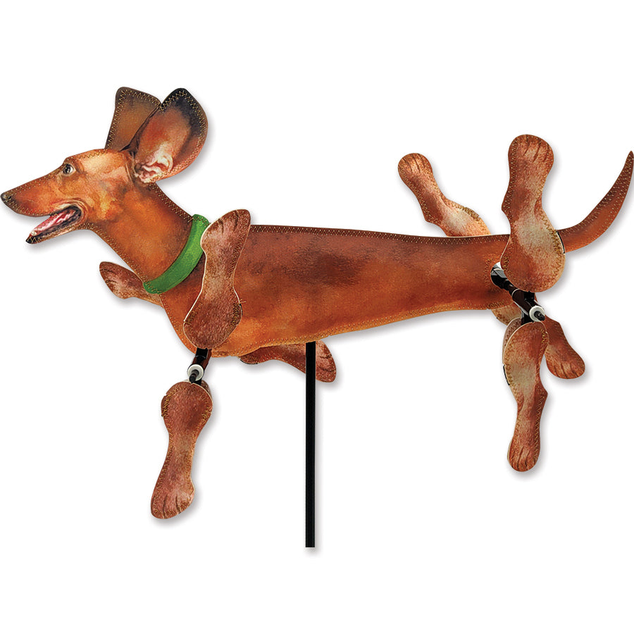 20 in. WhirliGig Spinner featuring a joyful dachshund design, twirling in the breeze in a colorful garden setting.