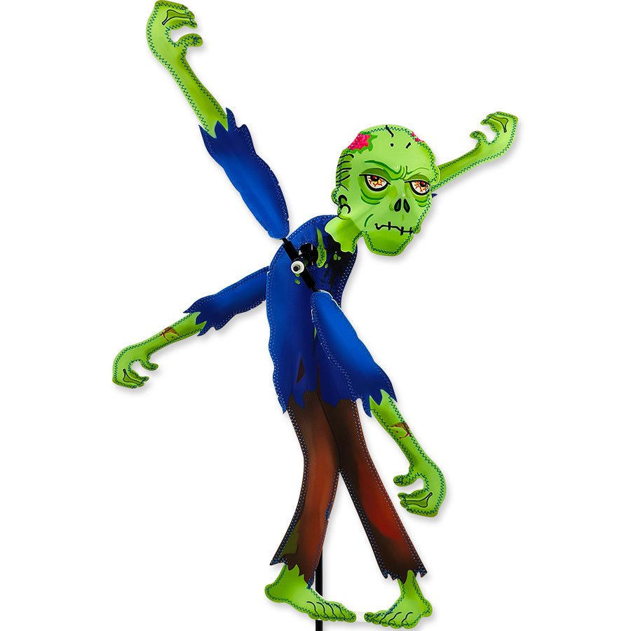 20 in. WhirliGig Spinner - Zombie with colorful fabric wings spinning in a garden, designed for playful outdoor decoration.
