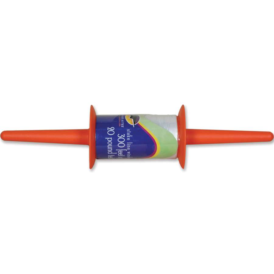 20 lb./300 ft. kite line with stake winder displayed outdoors, ready for kite flying with a colorful kite soaring above.