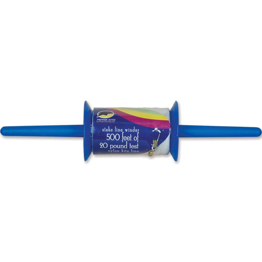 20 lb./500 ft. kite line with stake winder, showing smooth line attachment and easy reel design, ideal for outdoor kite flying.