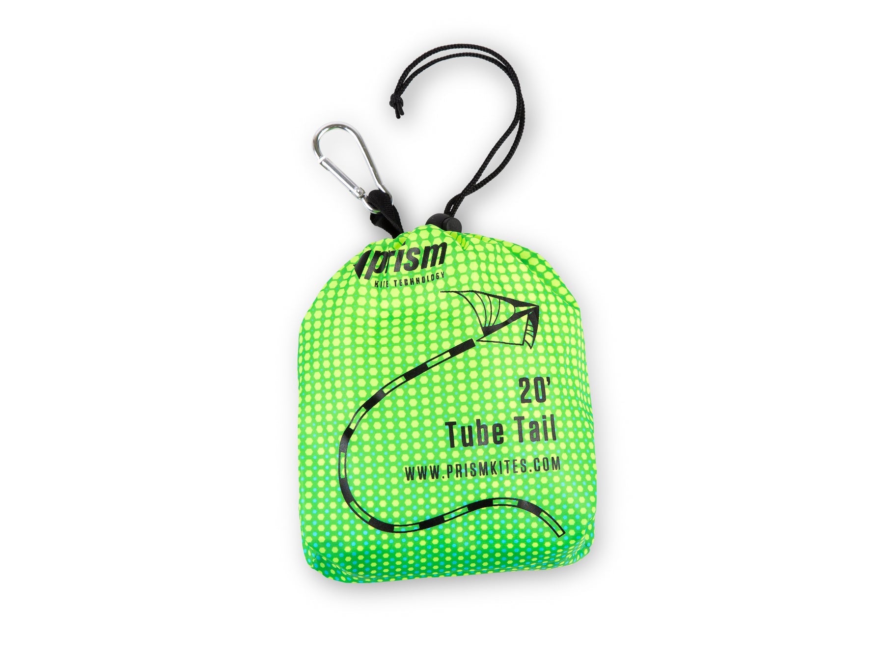Prism Aurora tube tail with geometric gradient design, inflating tubular construction, and swivel clip for dynamic, flowing kite displays.