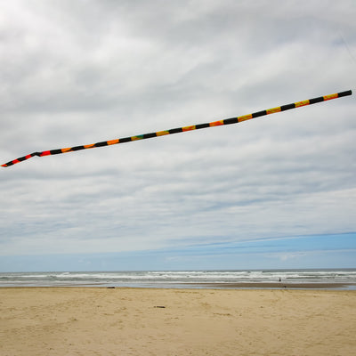 20' Tie Dye & Black Tube Tail with rainbow swirls and black segments soaring in the sky, showcasing its vibrant design and wind-catching capabilities.