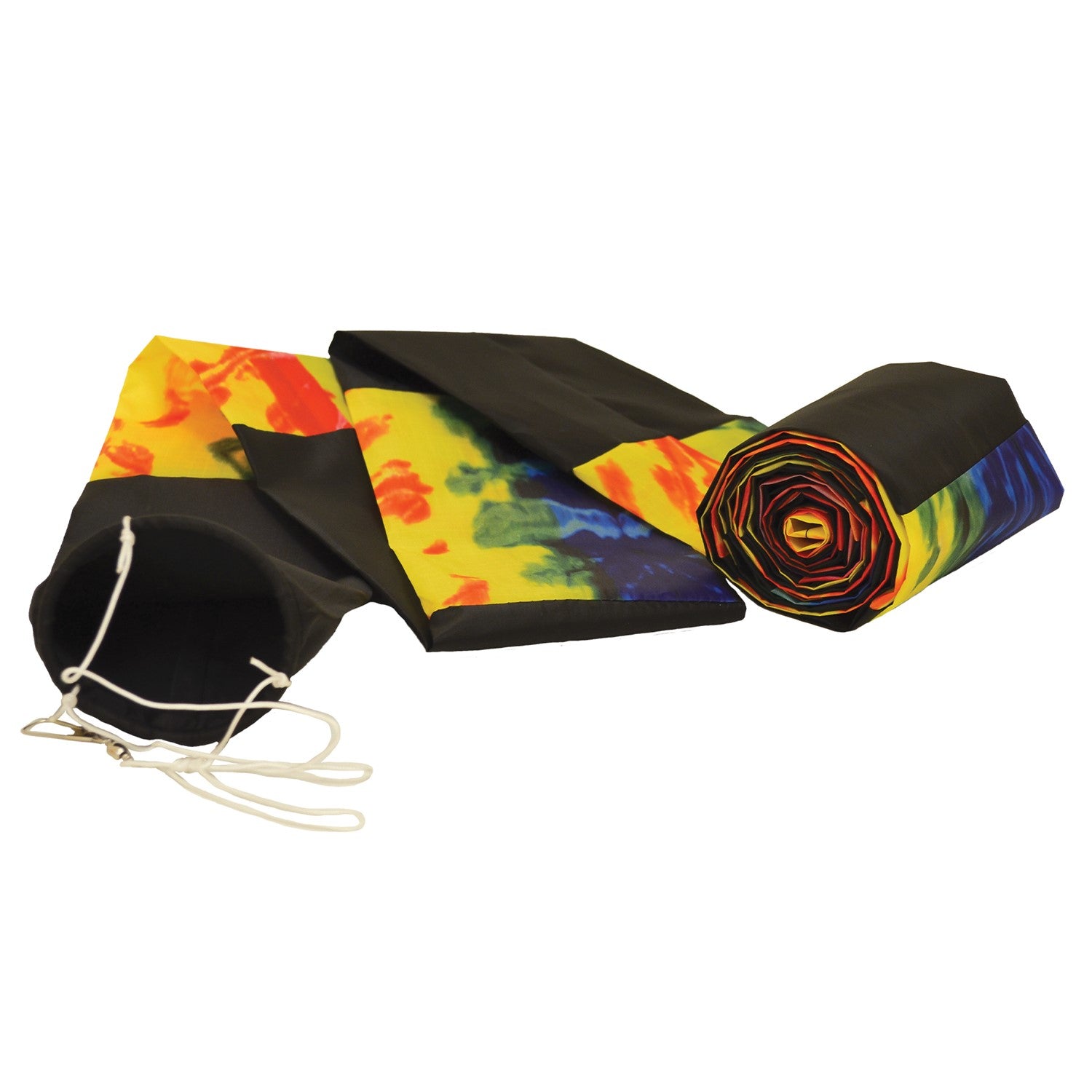 20' Tie Dye & Black Tube Tail with rainbow swirls and black segments soaring in the sky, showcasing its vibrant design and wind-catching capabilities.