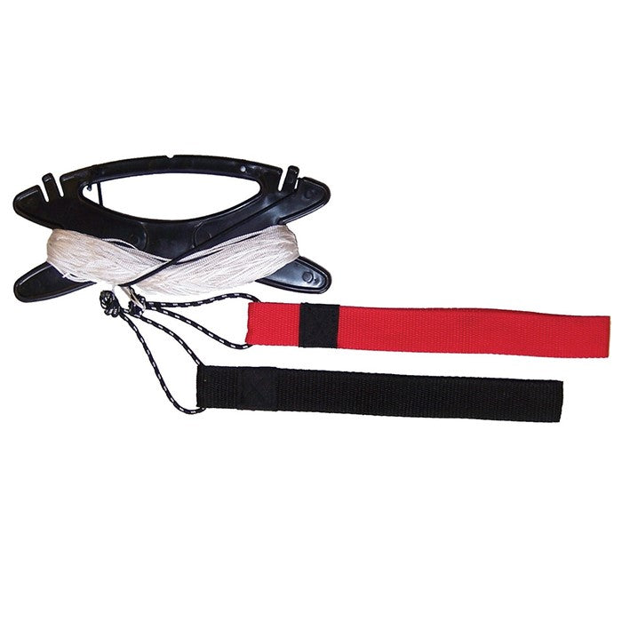 200 LB x 80' Dyneema Line Set for kites, featuring color-coordinated flight straps and a line winder displayed outdoors.