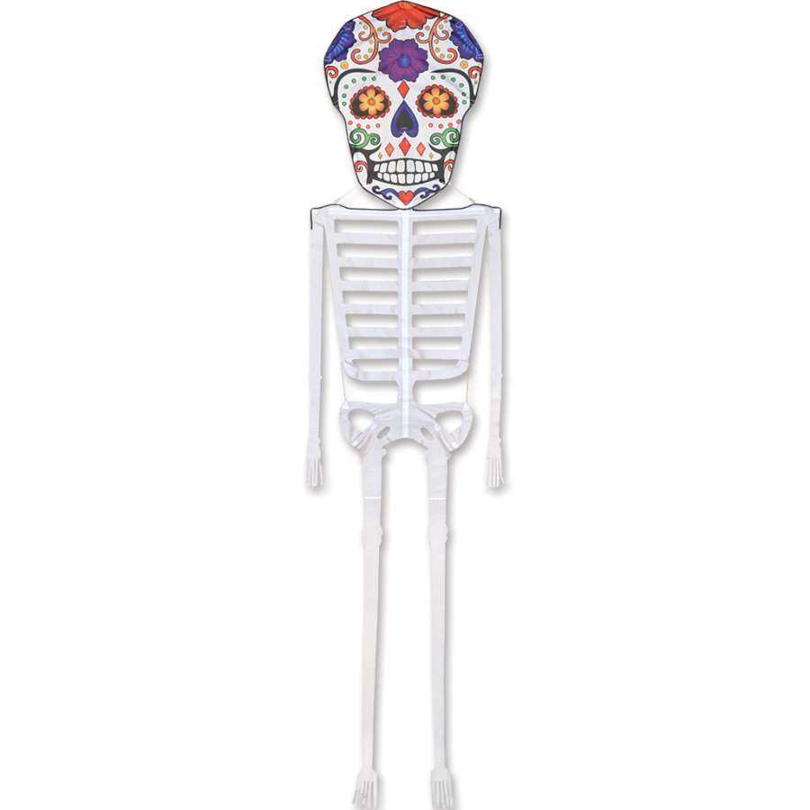 21 ft. Day of the Dead Dia De Los Muertos Skeleton Kite flying gracefully against a clear blue sky, showcasing vibrant colors and lively design.