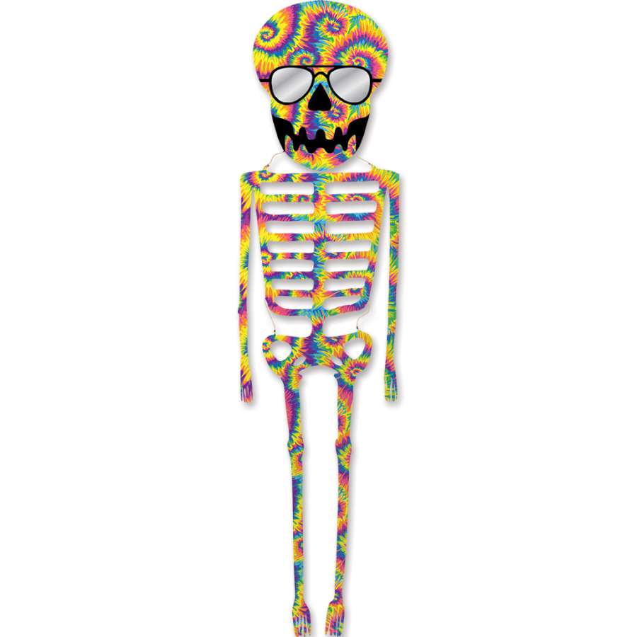Vibrant 21 ft. Tie Dye Skeleton Kite flying against a clear blue sky, showcasing its colorful design and skeleton motif in motion.