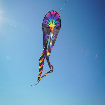 22" Aurora Dancing Dragon Kite with vibrant colors and flowing tails, soaring gracefully against a blue sky, ready for outdoor adventures.