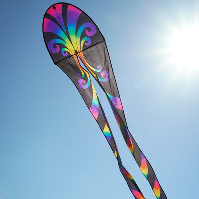 22" Aurora Dancing Dragon Kite with vibrant colors and flowing tails, soaring gracefully against a blue sky, ready for outdoor adventures.