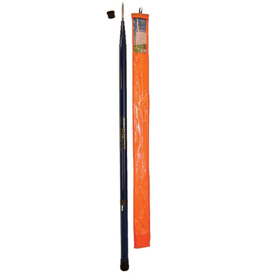 22' Heavy Duty Telescoping Pole made of durable fiberglass, extended high with a flag attached for outdoor display.