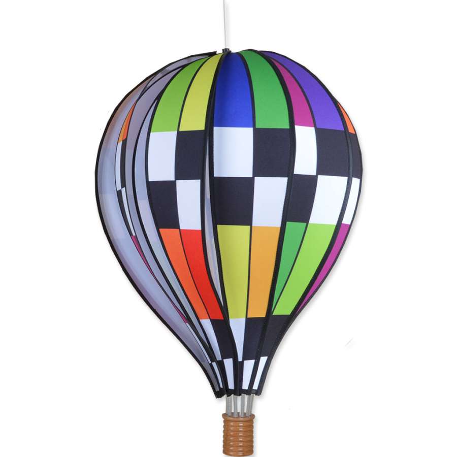22 in. Hot Air Balloon - Checkered Rainbow spinning in the breeze, showcasing a colorful checkered design suitable for garden and indoor decor.