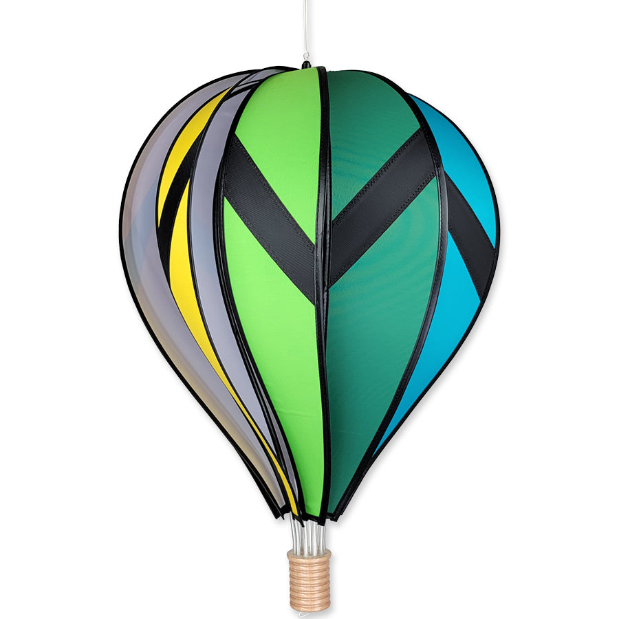 22 in. Hot Air Balloon - Chevron Rainbow hanging outdoors, spinning in the breeze with a colorful chevron design.