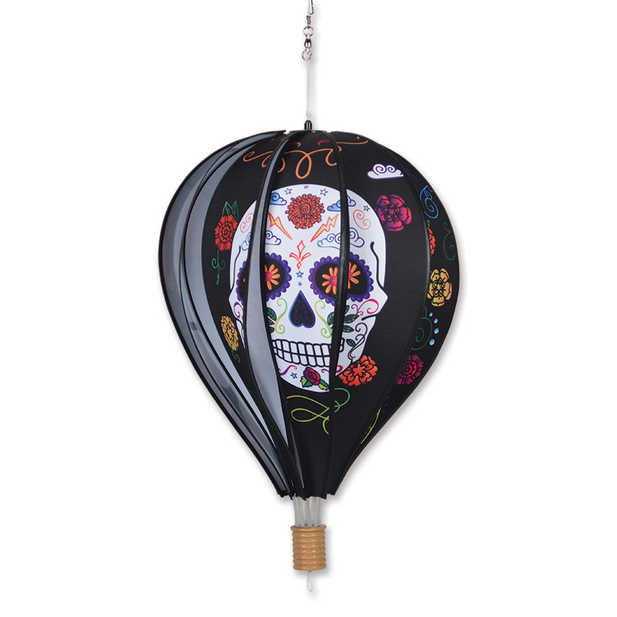 22-inch Day of the Dead Black hot air balloon decor, showcasing intricate patterns, hanging in a festive indoor setting.