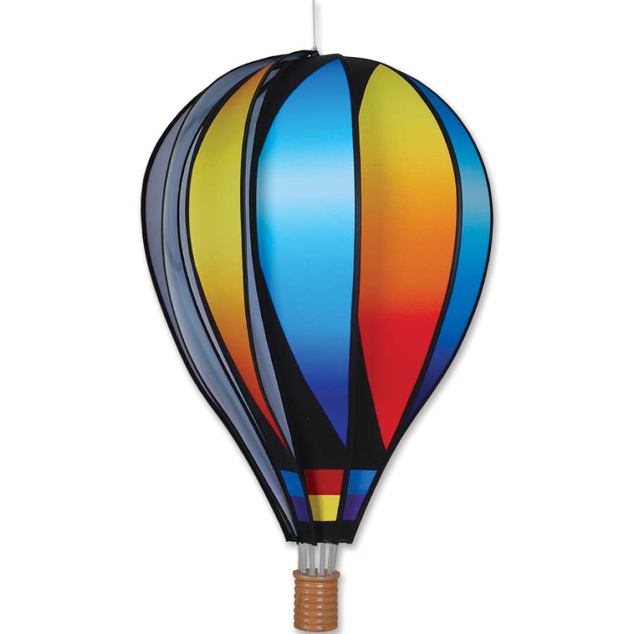 22 in. Hot Air Balloon - Sunset Gradient hanging in a garden, showcasing vibrant hues of orange and pink as it spins gently in the breeze.