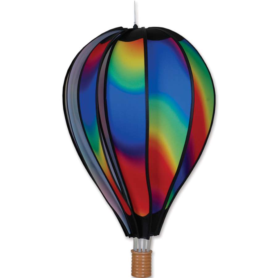 22 in. Hot Air Balloon - Wavy Gradient hanging in a bright outdoor setting, showcasing colorful, wavy patterns against a clear sky.