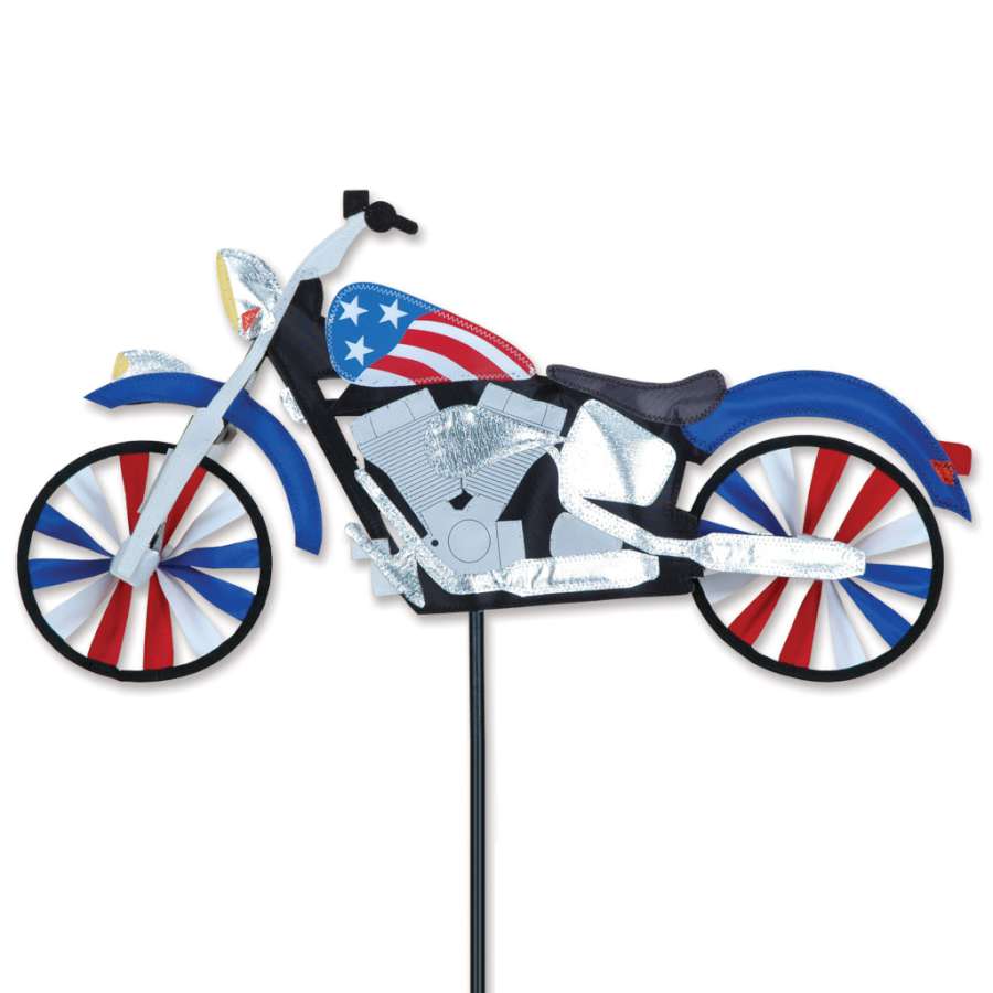22 inch patriotic motorcycle figurine with vibrant colors and detailed craftsmanship displayed on a shelf against a neutral backdrop.