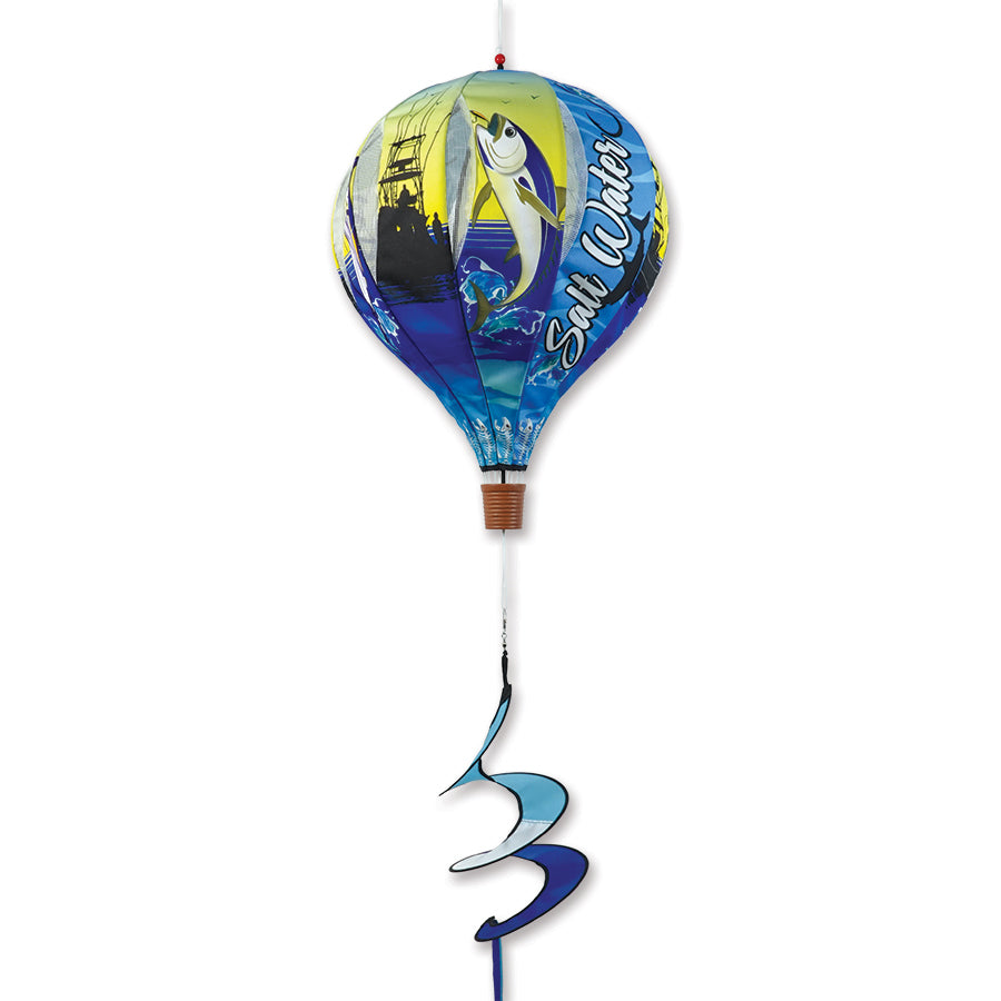 22 in. Pop-Open Hot Air Balloon wind spinner displayed on a porch, showcasing its vibrant colors and spinning mechanism in outdoor setting.