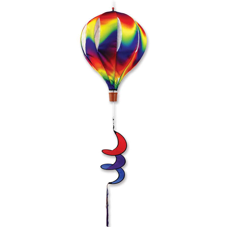22 in. Pop-Open Hot Air Balloon with wavy gradient colors displayed on a porch, gracefully spinning in the wind, enhancing outdoor decor.
