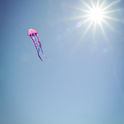 22-inch Jellyfish Dancing Dragon Kite with colorful tails flying in the sky, showcasing its vibrant jellyfish design during a sunny outdoor event.