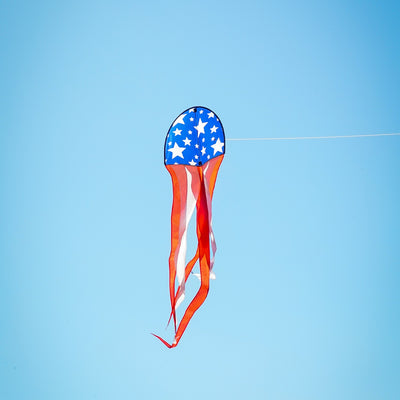 22" Patriot Dancing Dragon Kite with stars and stripes design soaring through the sky during a sunny outdoor event with tails flowing.