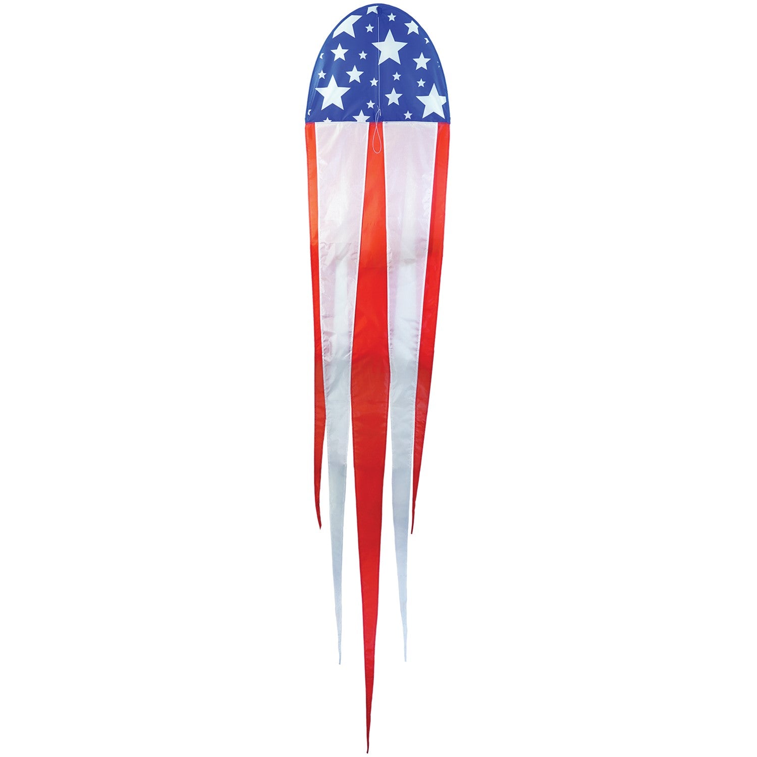 22" Patriot Dancing Dragon Kite with stars and stripes design soaring through the sky during a sunny outdoor event with tails flowing.