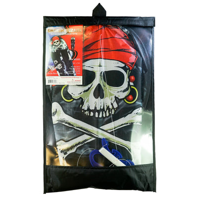 22 inch Smokin' Pirate Dancing Dragon Kite flying in the air with vibrant pirate and dragon designs, showcasing long flowing tails in a clear sky.