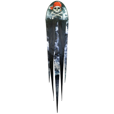 22 inch Smokin' Pirate Dancing Dragon Kite flying in the air with vibrant pirate and dragon designs, showcasing long flowing tails in a clear sky.