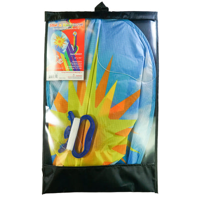 22-inch Sun & Rainbow Dancing Dragon Kite with colorful tails flying against a clear blue sky during a sunny day.