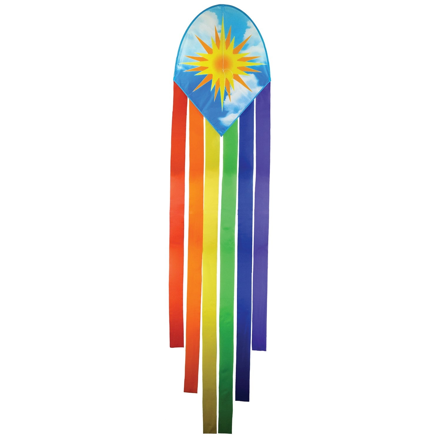 22-inch Sun & Rainbow Dancing Dragon Kite with colorful tails flying against a clear blue sky during a sunny day.