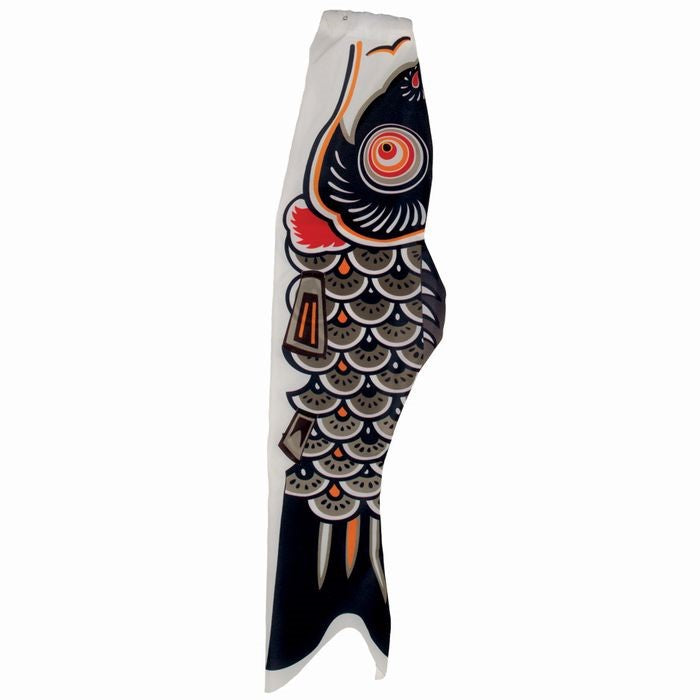 Vibrant 24-inch Black Koi windsock swaying gently in the breeze, showcasing intricate patterns against a clear blue sky.