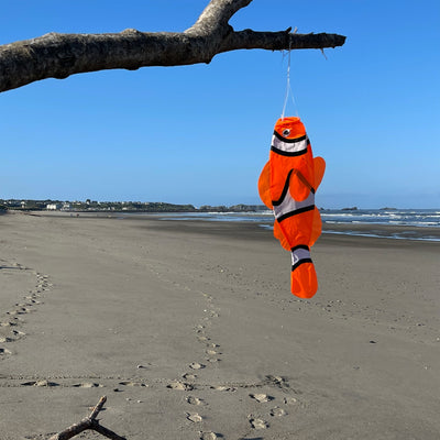 Colorful 24-inch Clownfish Windsock featuring a detailed clownfish design, swaying gently in the breeze, perfect for outdoor decoration.