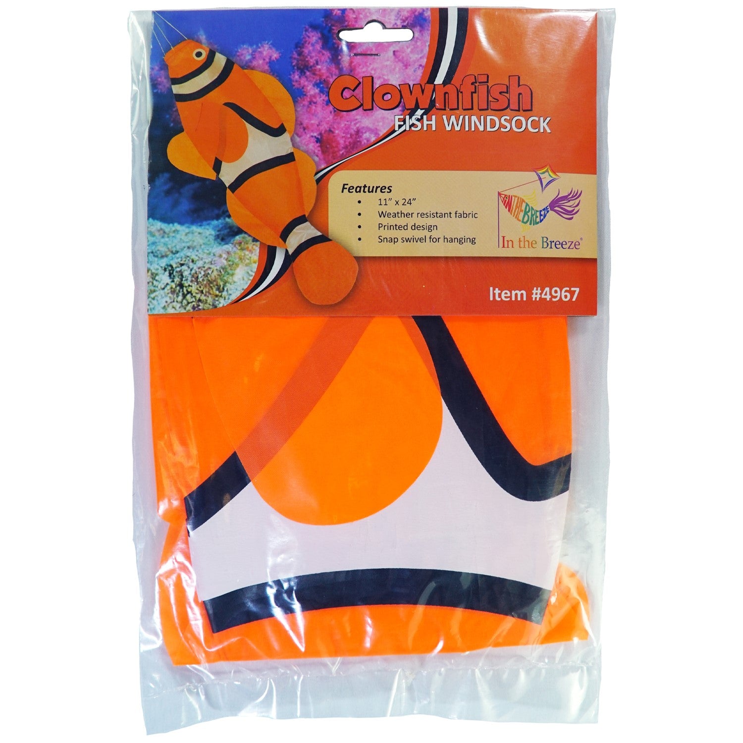 Colorful 24-inch Clownfish Windsock featuring a detailed clownfish design, swaying gently in the breeze, perfect for outdoor decoration.