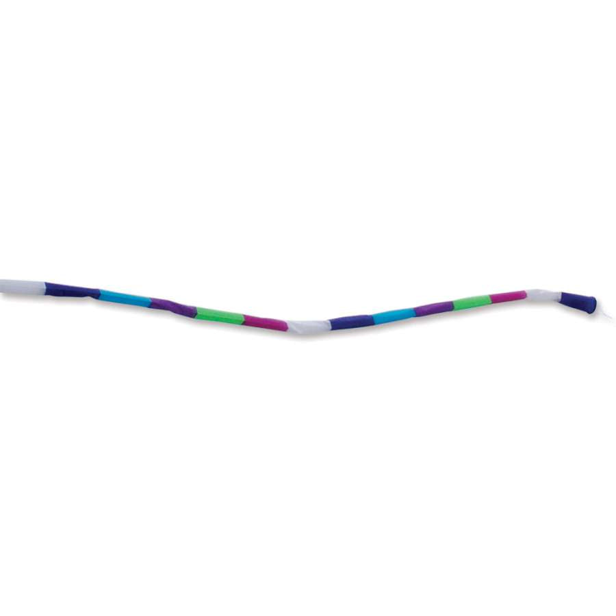 24 ft. colorful Tube Tail fluttering in the wind attached to a kite in a sunny outdoor setting, showcasing vibrant colors and movement.